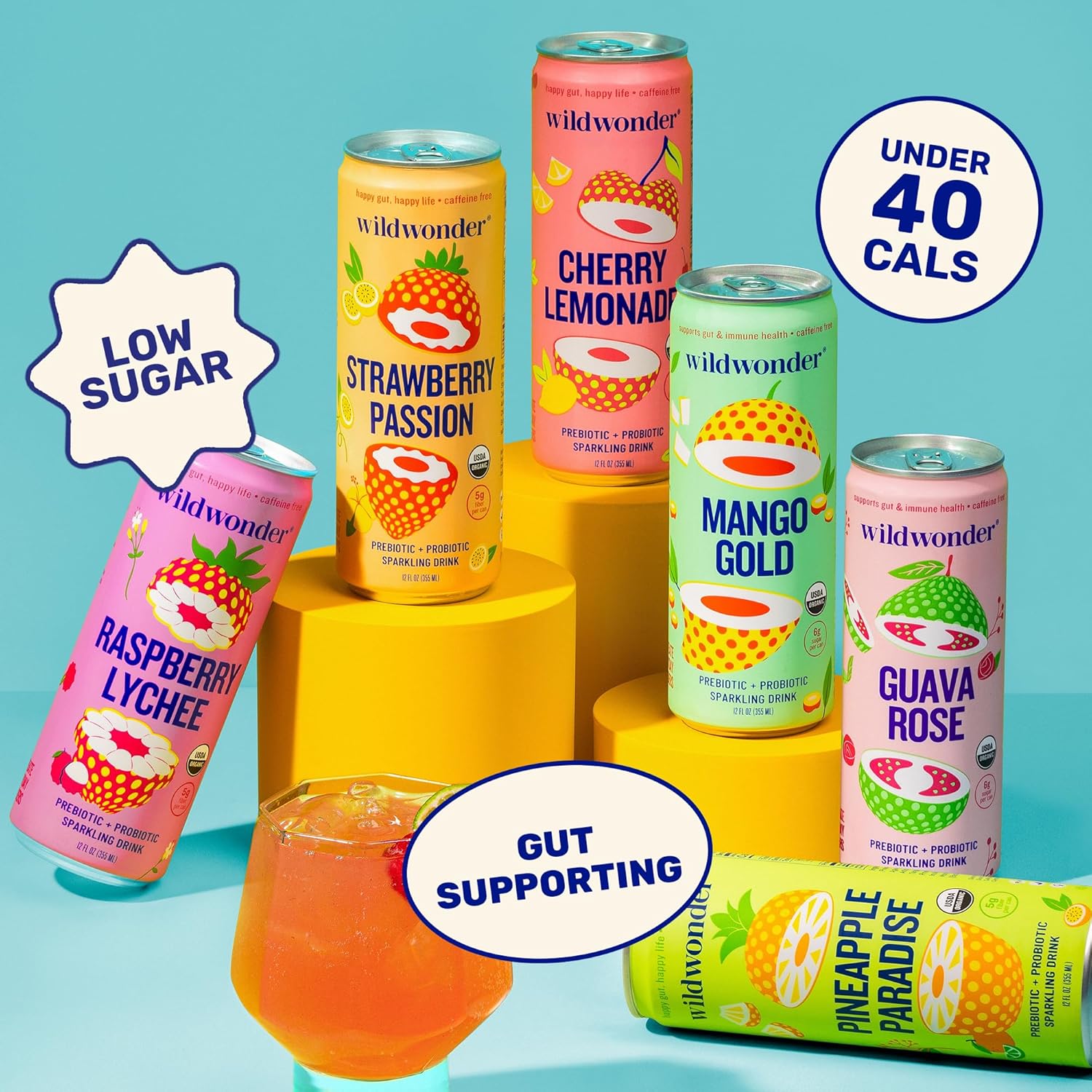 wildwonder Sparkling Probiotic Drink 12pk, for Gut Health & Immune Support, Guava Rose, 5 G Prebiotic Fiber, Live Probiotics, Organic, Vegan, Low Sugar, 12 Pack, 12 Oz Can, As Seen on Shark Tank - Image 7
