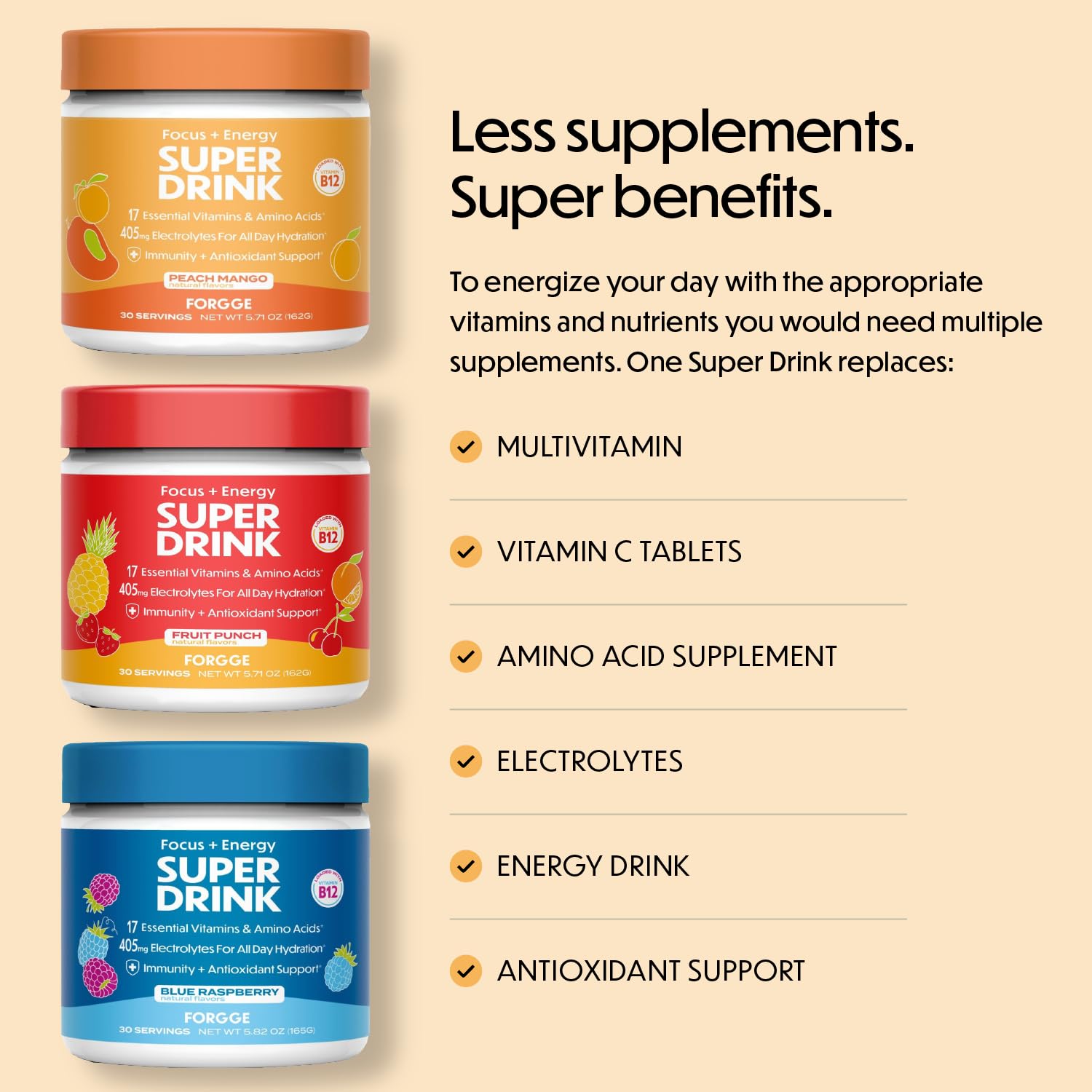 Forgge Healthy Energy Drink Mix - Clean Caffeine + B12, B6, C & D Vitamins - Sugar Free Energy Drink Powder with Electrolytes, Amino Acids, Antioxidants, Lions Mane - Vegan, Keto-Friendly - 30 SVG, Blue Raspberry - Image 4