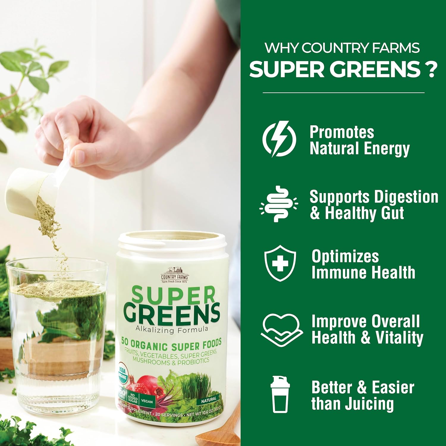 Country Farms Super Greens Natural Flavor, 50 Organic Super Foods, USDA Organic Drink Mix, Fruits, Vegetables, Super Greens, Mushrooms & Probiotics, Supports Energy, 20 Servings, 10.6 Oz - Image 4