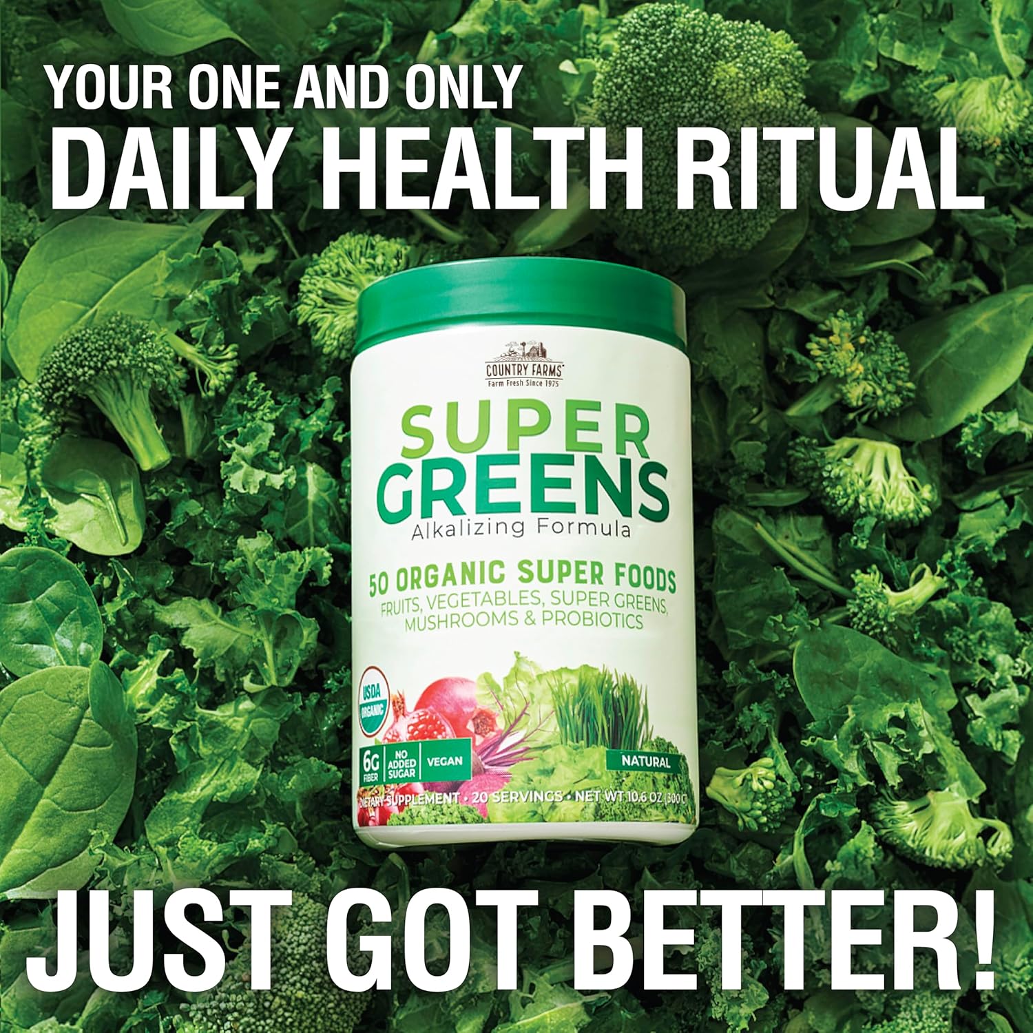 Country Farms Super Greens Natural Flavor, 50 Organic Super Foods, USDA Organic Drink Mix, Fruits, Vegetables, Super Greens, Mushrooms & Probiotics, Supports Energy, 20 Servings, 10.6 Oz - Image 5