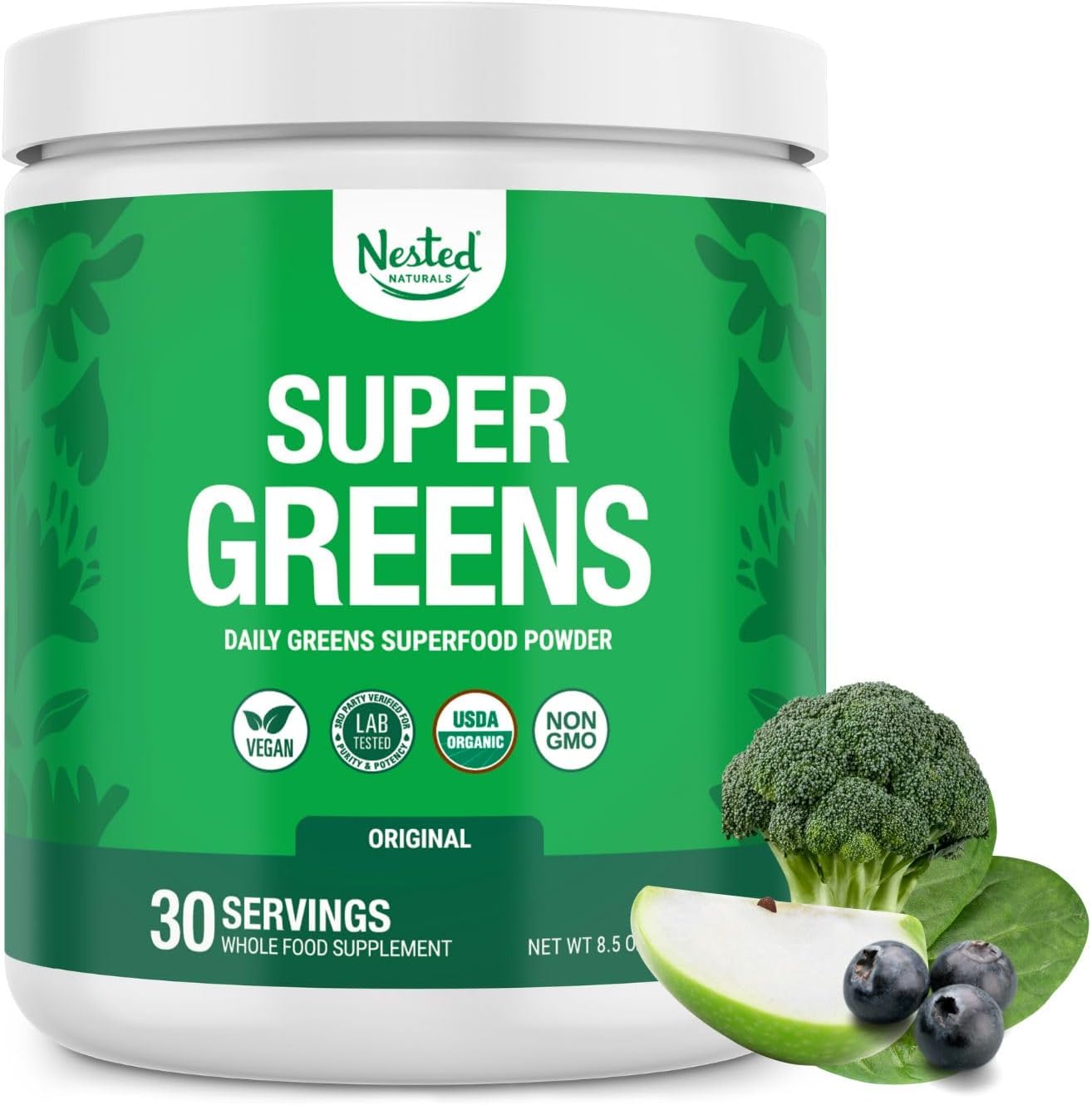 Nested Naturals Super Greens Daily Superfood Powder - Certified USDA Organic Green Powder w/20+ Whole Foods, Spirulina Powder,Wheat & Barley Grass - Probiotics, Fiber & Enzymes - Original Flavour, 30