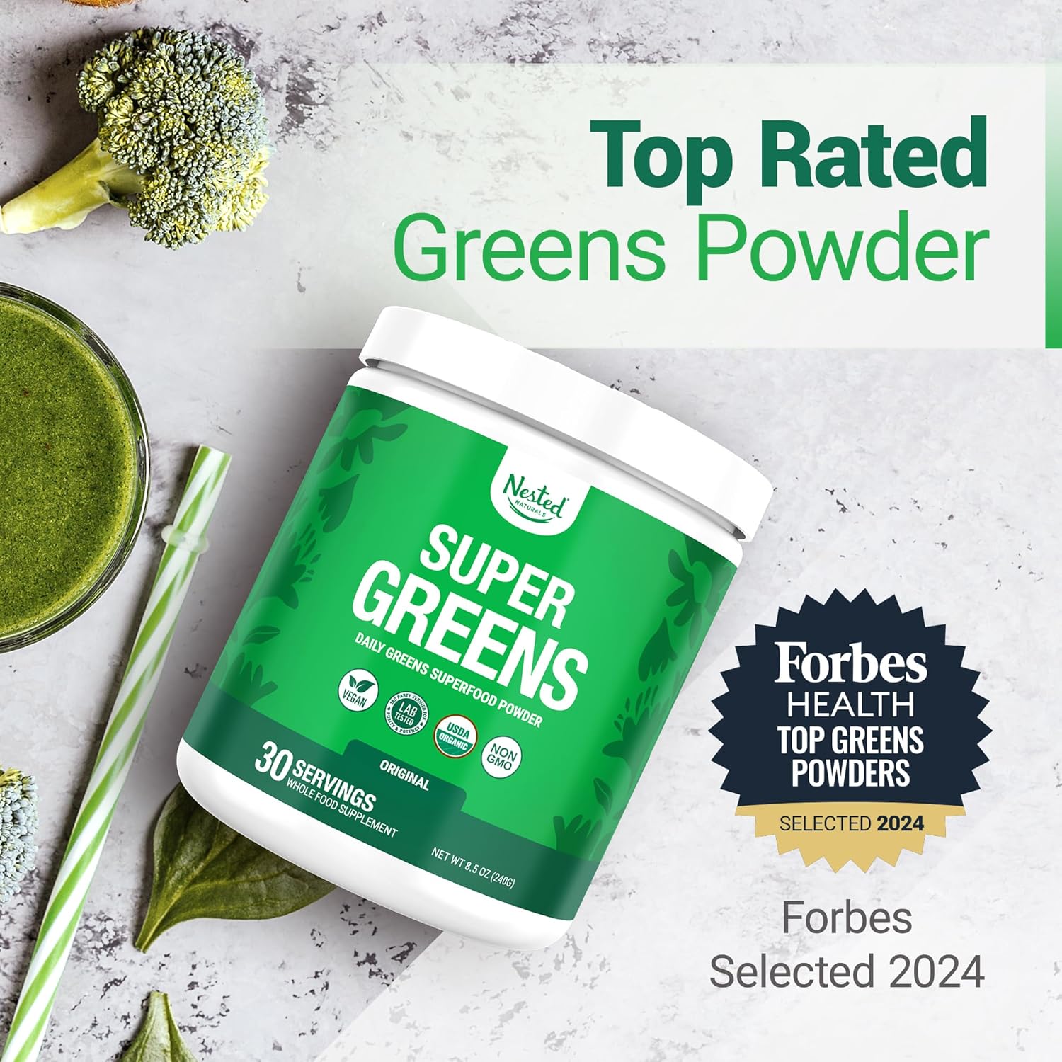 Nested Naturals Super Greens Daily Superfood Powder - Certified USDA Organic Green Powder w/20+ Whole Foods, Spirulina Powder,Wheat & Barley Grass - Probiotics, Fiber & Enzymes - Original Flavour, 30 - Image 2