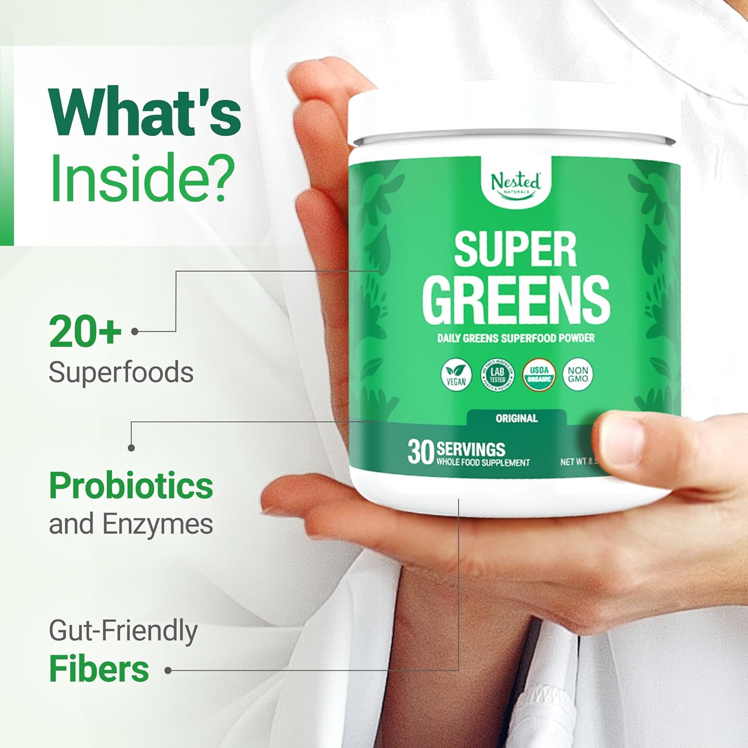 Nested Naturals Super Greens Daily Superfood Powder - Certified USDA Organic Green Powder w/20+ Whole Foods, Spirulina Powder,Wheat & Barley Grass - Probiotics, Fiber & Enzymes - Original Flavour, 30 - Image 3