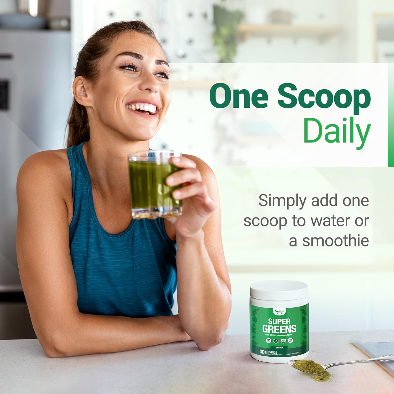 Nested Naturals Super Greens Daily Superfood Powder - Certified USDA Organic Green Powder w/20+ Whole Foods, Spirulina Powder,Wheat & Barley Grass - Probiotics, Fiber & Enzymes - Original Flavour, 30 - Image 4