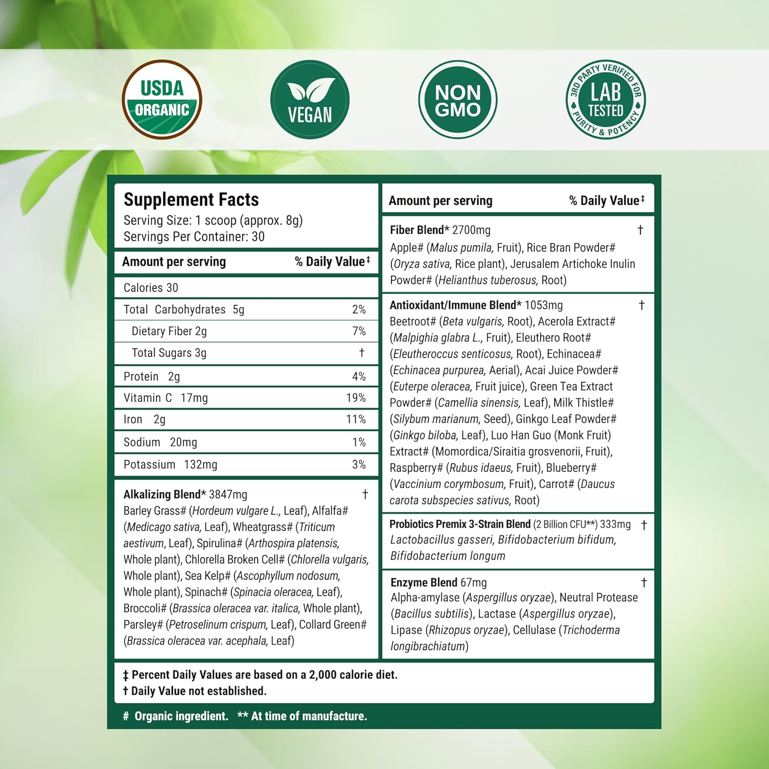 Nested Naturals Super Greens Daily Superfood Powder - Certified USDA Organic Green Powder w/20+ Whole Foods, Spirulina Powder,Wheat & Barley Grass - Probiotics, Fiber & Enzymes - Original Flavour, 30 - Image 8