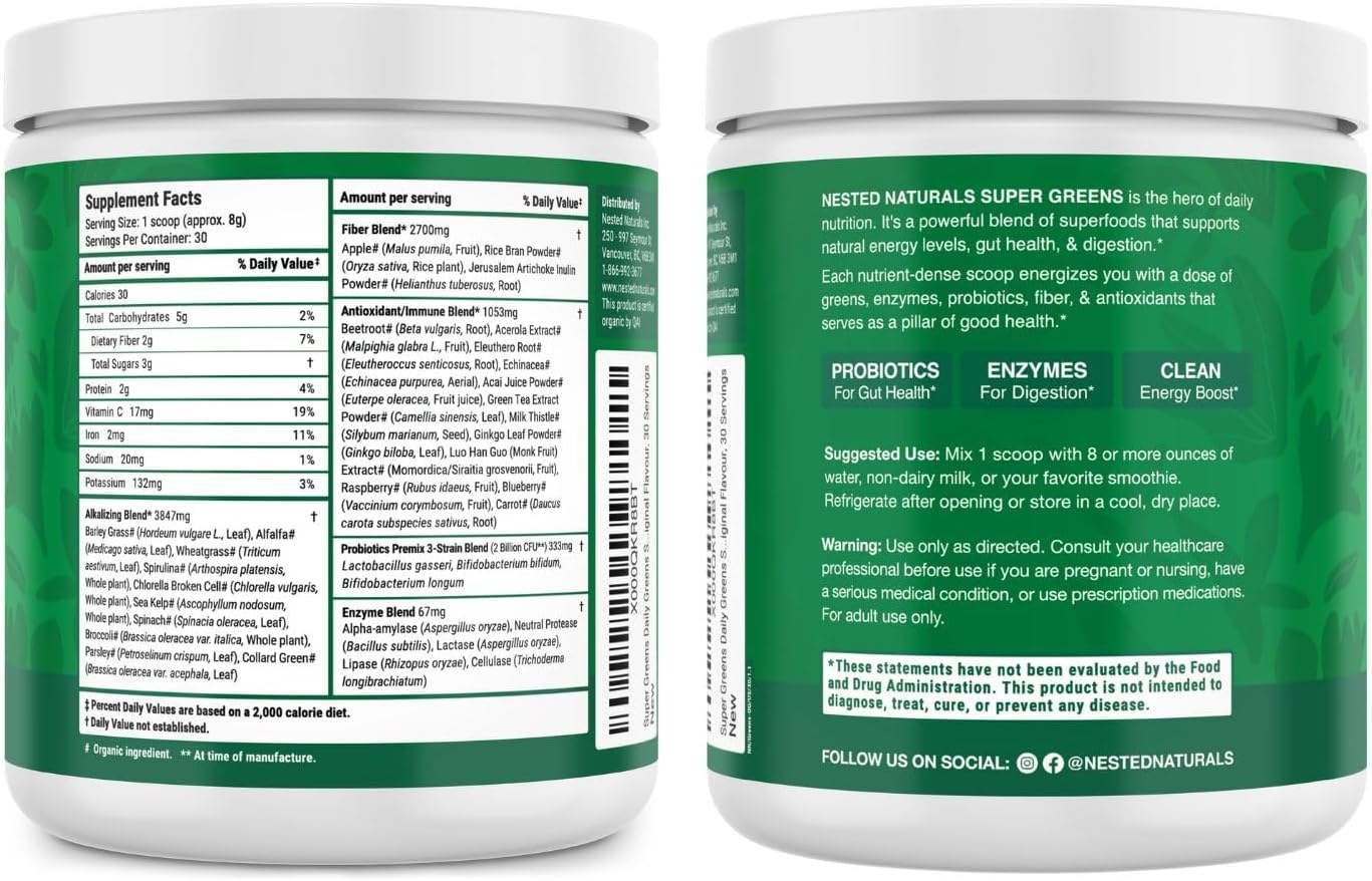 Nested Naturals Super Greens Daily Superfood Powder - Certified USDA Organic Green Powder w/20+ Whole Foods, Spirulina Powder,Wheat & Barley Grass - Probiotics, Fiber & Enzymes - Original Flavour, 30 - Image 9