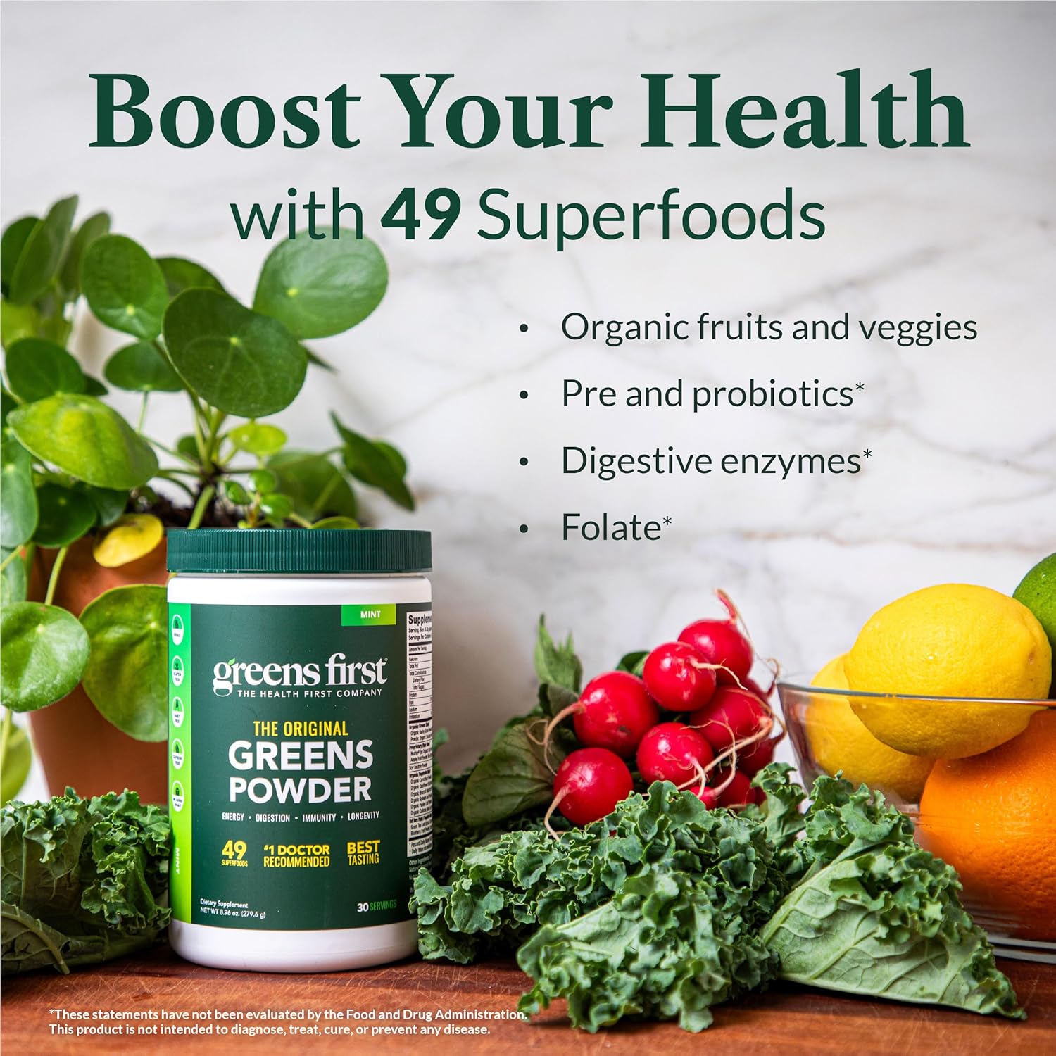 Greens First Original Greens Powder - 49 Superfoods - Organic Fruits & Veggies - Prebiotics, Probiotics & Digestive Enzymes - Antioxidant Smoothie - Dairy Free, Vegan & Non-GMO (Mint, 60 Servings) - Image 3