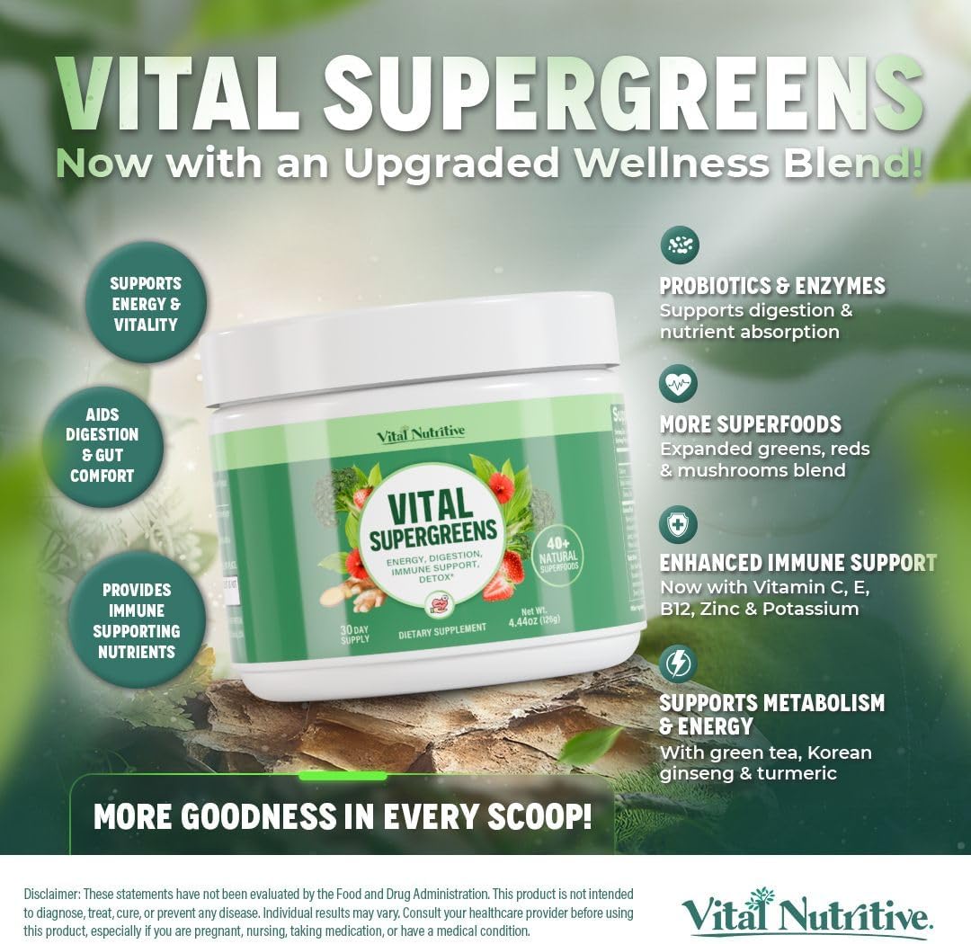 Vital Greens Superfood Powder – New Formula with 40+ Superfoods Daily Green Drink Powder w/Probiotics – Supergreens for Energy, Gut Health, Digestion Support, Plant-Based, Vegan Superfoods - Image 3