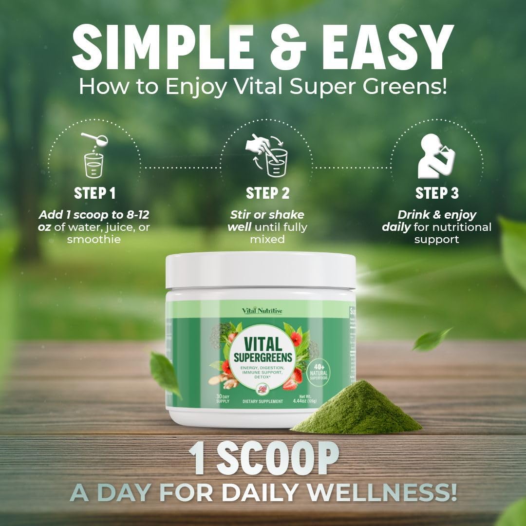 Vital Greens Superfood Powder – New Formula with 40+ Superfoods Daily Green Drink Powder w/Probiotics – Supergreens for Energy, Gut Health, Digestion Support, Plant-Based, Vegan Superfoods - Image 6