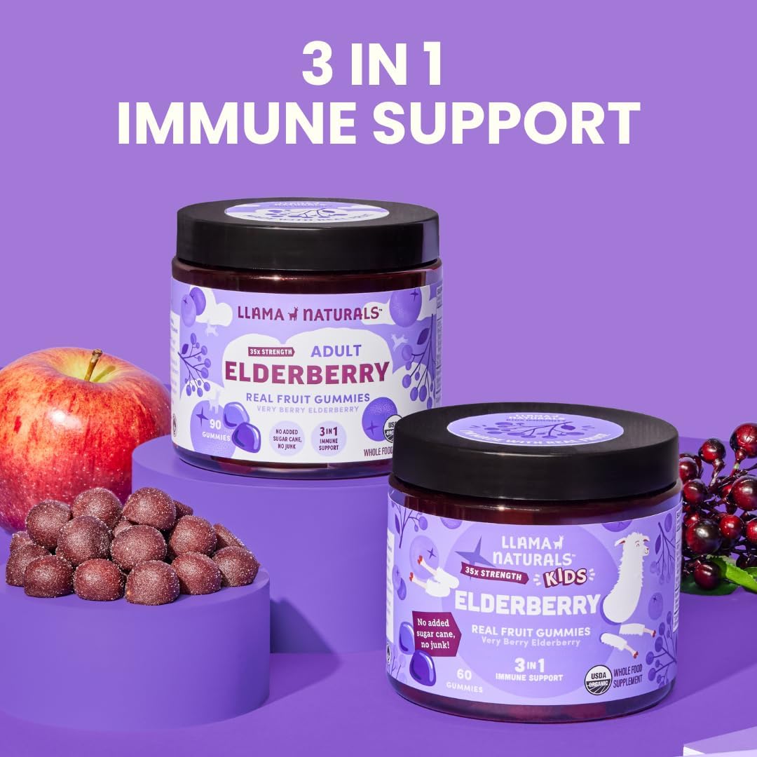 Llama Naturals Elderberry Gummies for Kids, Vegan, Organic Immune Support Supplement with Vitamin C and Zinc, Toddler Real Fruit Gummy Vitamins for Immunity, Chewable, No Added Sugar Cane, 60 Ct - Image 8
