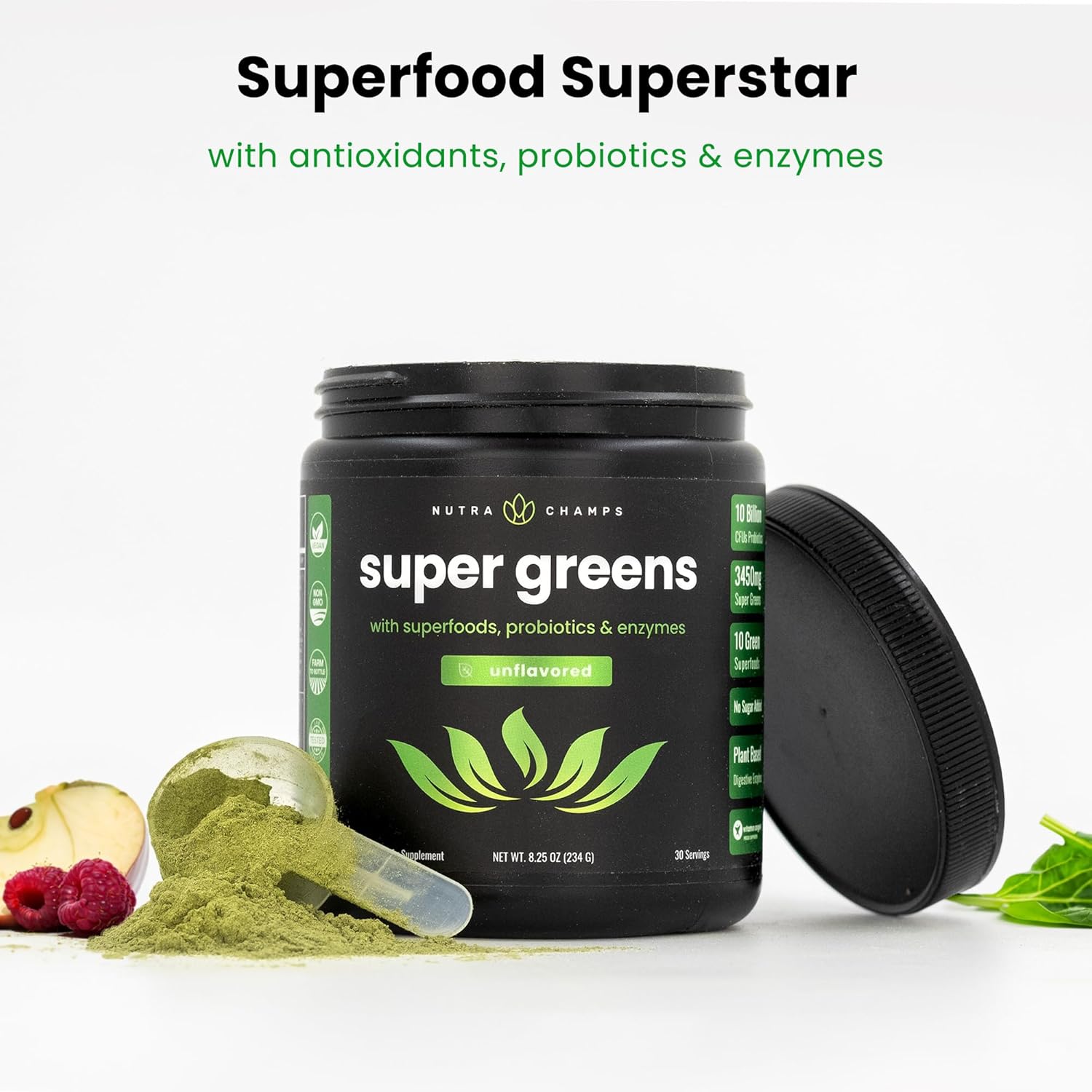 NutraChamps Super Greens Powder Premium Superfood | 20+ Organic Green Veggie Whole Foods | Alfalfa, Spirulina, Chlorella & More | Antioxidant, Digestive Enzyme & Probiotic Blends | Unflavored | 60 SVG - Image 3