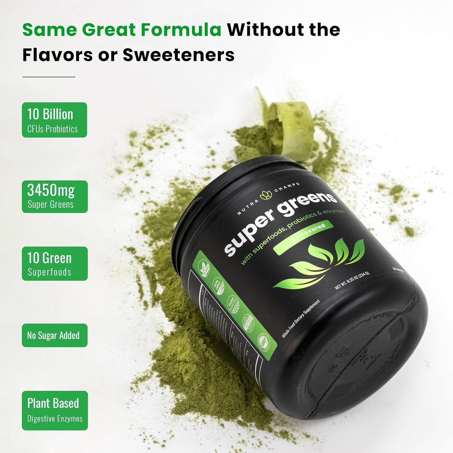 NutraChamps Super Greens Powder Premium Superfood | 20+ Organic Green Veggie Whole Foods | Alfalfa, Spirulina, Chlorella & More | Antioxidant, Digestive Enzyme & Probiotic Blends | Unflavored | 60 SVG - Image 7