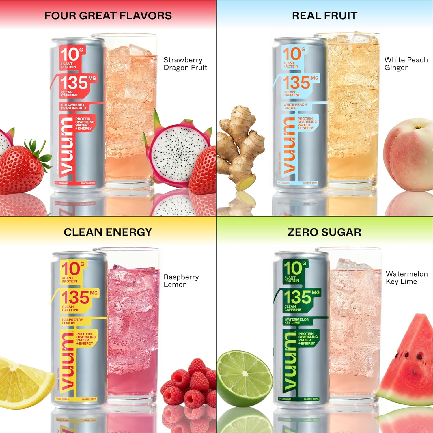 Vuum Sparkling Clear Protein Drink - 10g Plant Protein & Natural Caffeine with L-Theanine, Amino Acids for Focused Energy - Sugar Free, All Natural, Non-GMO 12 fl oz (12-Pack), White Peach Ginger - Image 8