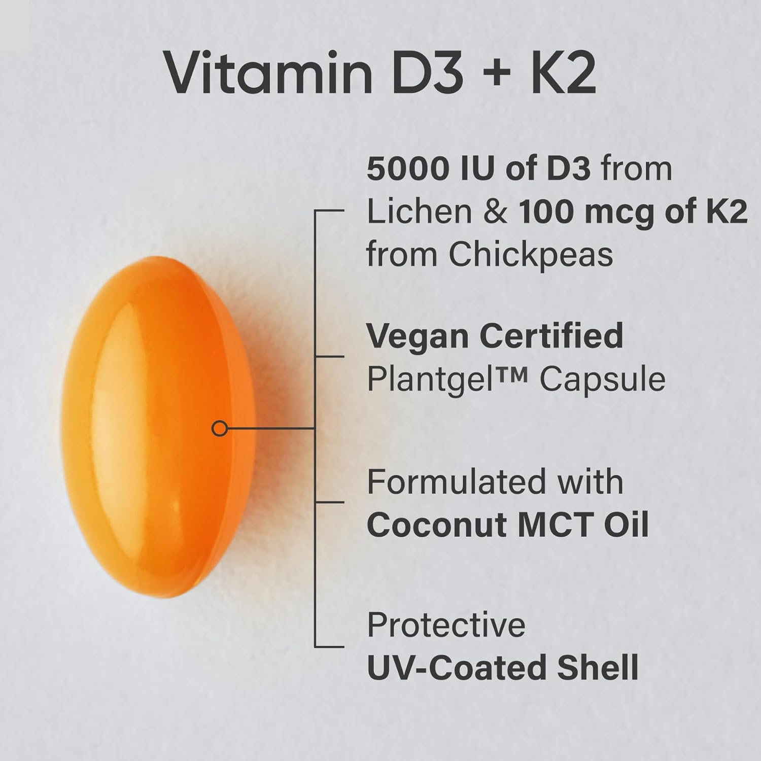 Sports Research Vitamin D3 with K2 Softgels - Plant Based K2 & Vegan D3 5000iu with Coconut MCT Oil - Vegan Certified, Soy & Gluten Free - 120 Count - Image 2