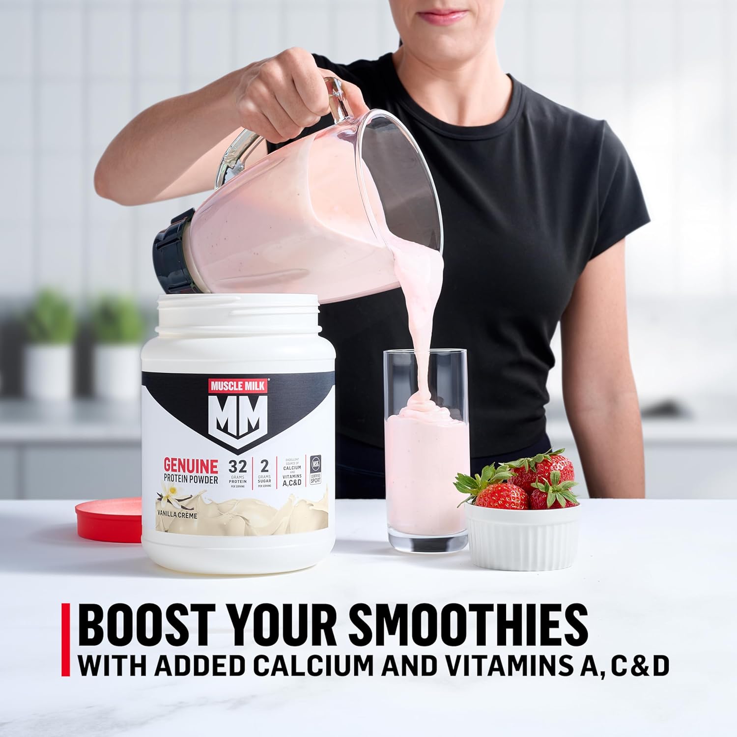 Muscle Milk Genuine Protein Powder, Strawberries ‘N Crème, 1.93 Pounds, 13 Servings, 32g Protein, 3g Sugar, Calcium, Vitamins A, C & D, NSF Certified for Sport, Energizing Snack, Packaging May Vary - Image 6