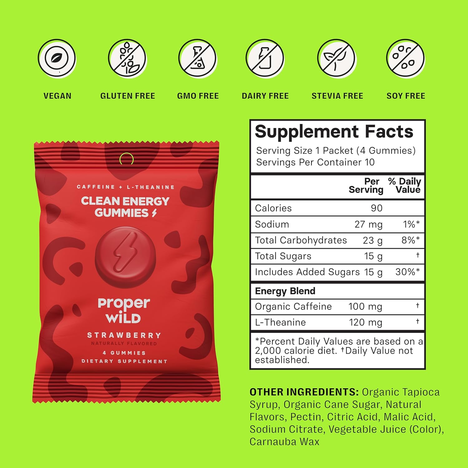 Proper Wild Vegan Energy Gummies Variety Bundle, Strawberry + Sour Lemon Lime (10-Pack Each), Clean Caffeine + L-Theanine for Focus & Lasting Energy, Plant-Based, Non-GMO - Image 2