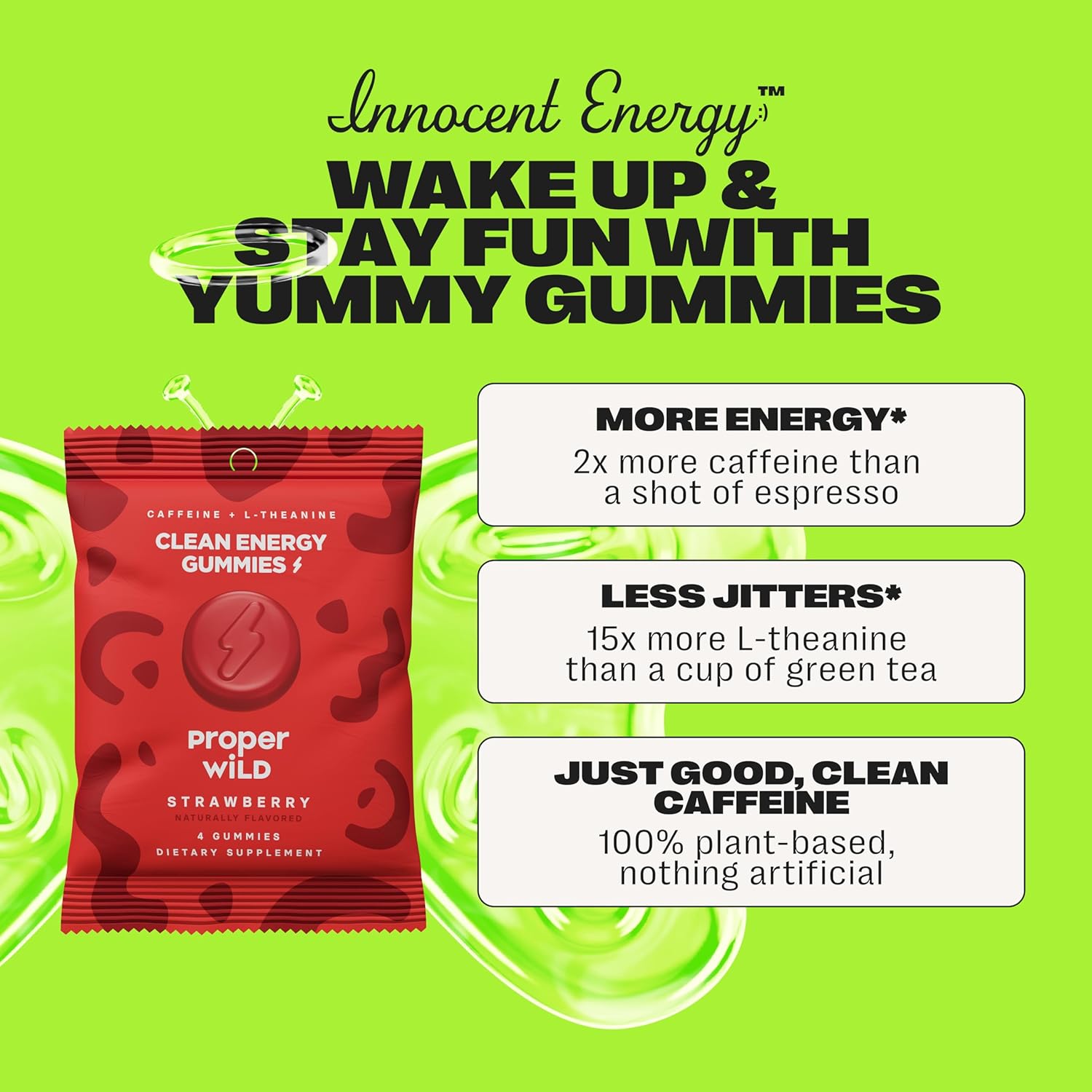 Proper Wild Vegan Energy Gummies Variety Bundle, Strawberry + Sour Lemon Lime (10-Pack Each), Clean Caffeine + L-Theanine for Focus & Lasting Energy, Plant-Based, Non-GMO - Image 5