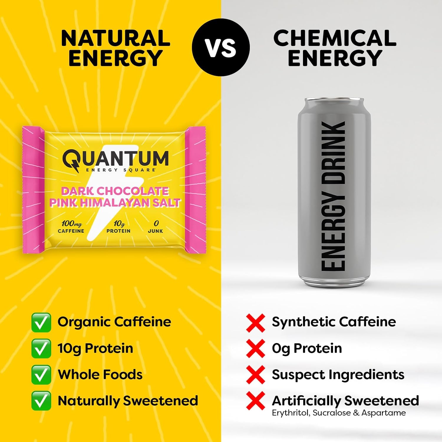 Quantum Energy Square: Energy Bar with Caffeine & 10g Protein. Delicious Healthy Snack On The Go. (Vegan, Gluten-free, Soy-free, Dairy-free) (Dark Chocolate Pink Himalayan Salt) - Image 4