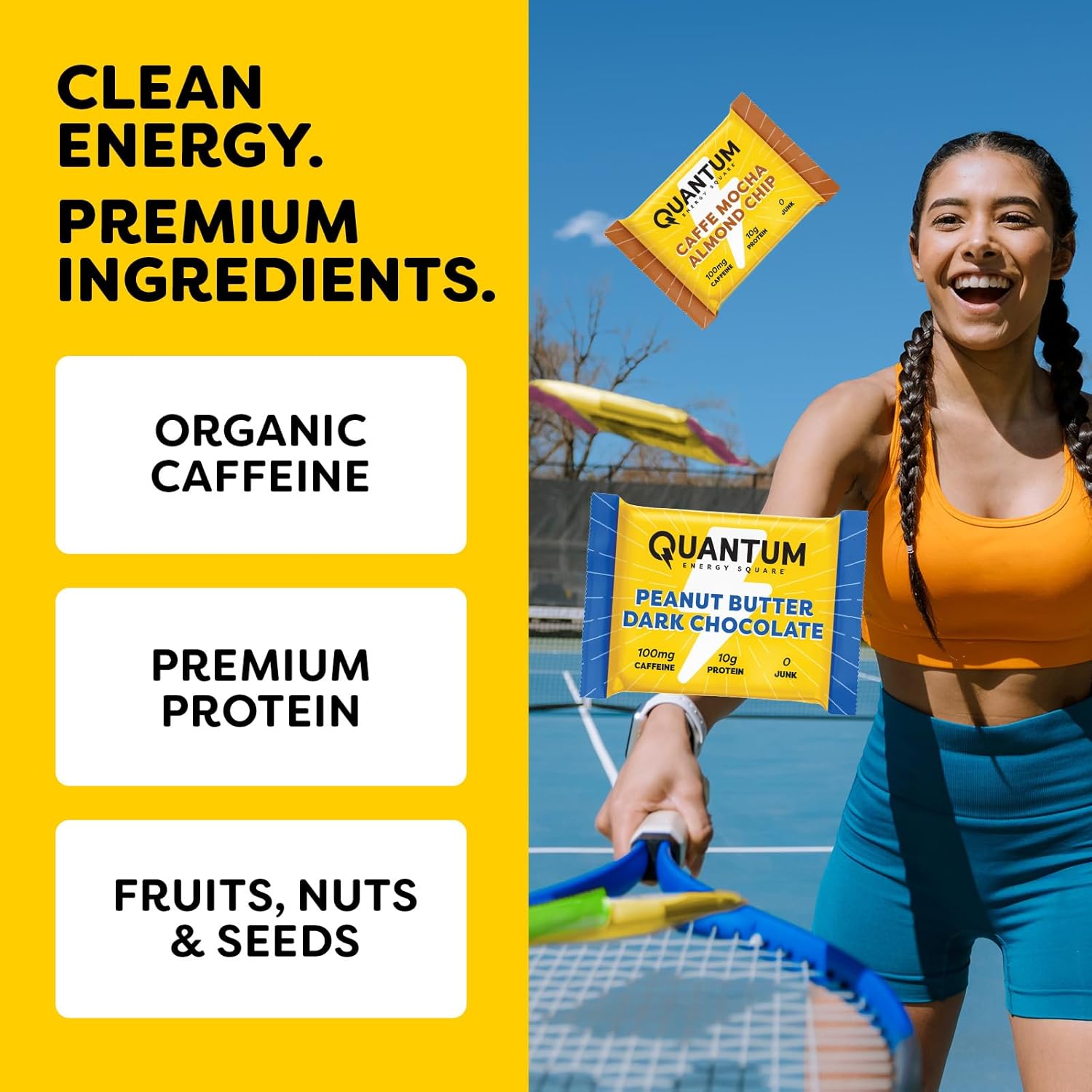 Quantum Energy Square: Energy Bar with Caffeine & 10g Protein. Delicious Healthy Snack On The Go. (Vegan, Gluten-free, Soy-free, Dairy-free) (Dark Chocolate Pink Himalayan Salt) - Image 8