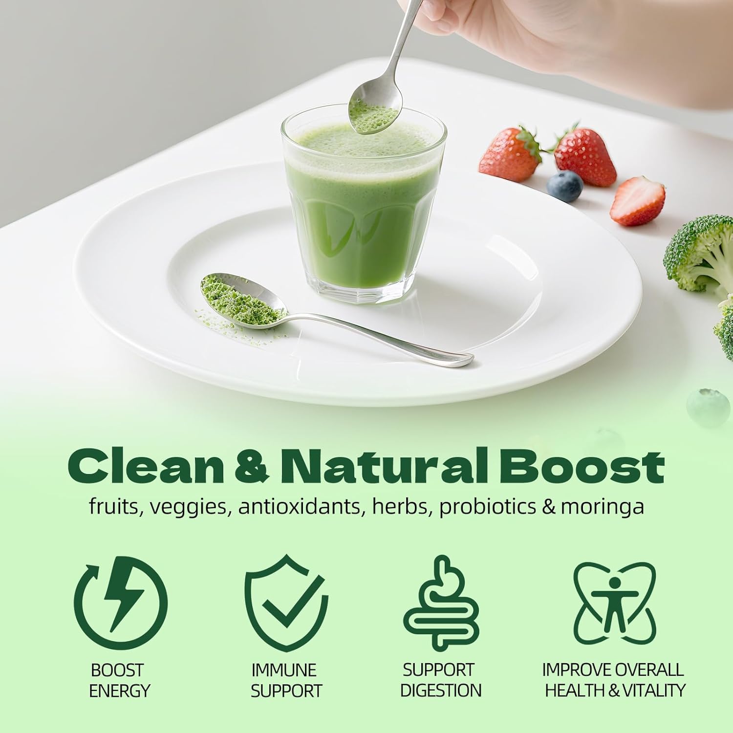 Organic Super Greens Powder for Intestinal Health, Superfood Greens with Probiotics, Moringa, Spirulina,Gluten Free Supergreens for Boosting Energy,Bloating Relief for Women 40 Servings - Image 2