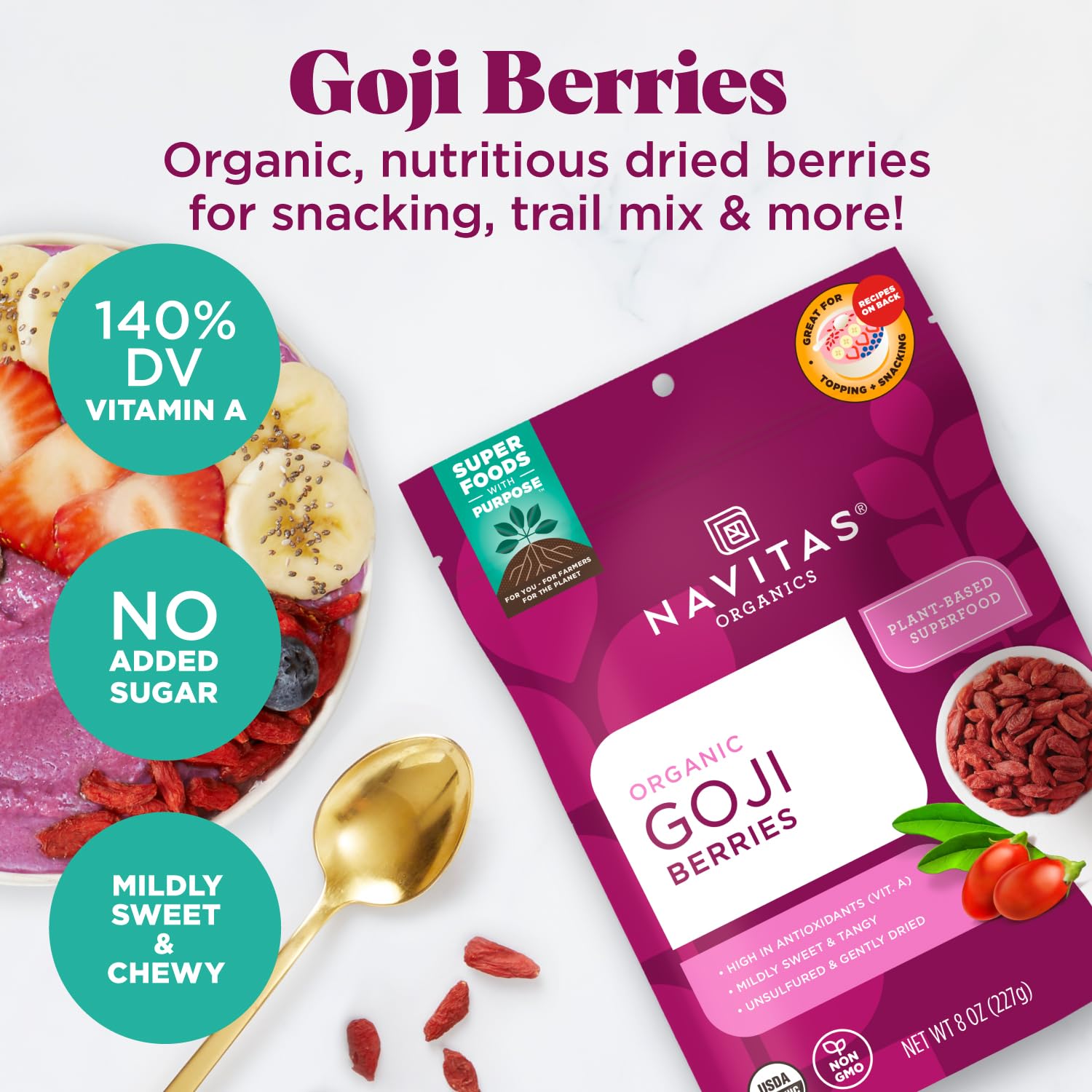 Navitas Organics Goji Berries – For Smoothies, Trail Mix, Baked Goods, Oatmeal & More – Vitamin A, Antioxidants, Fiber – Wolfberry - USDA Organic, Non GMO, Gluten Free, Vegan (8oz. Bag, 8 Servings) - Image 3