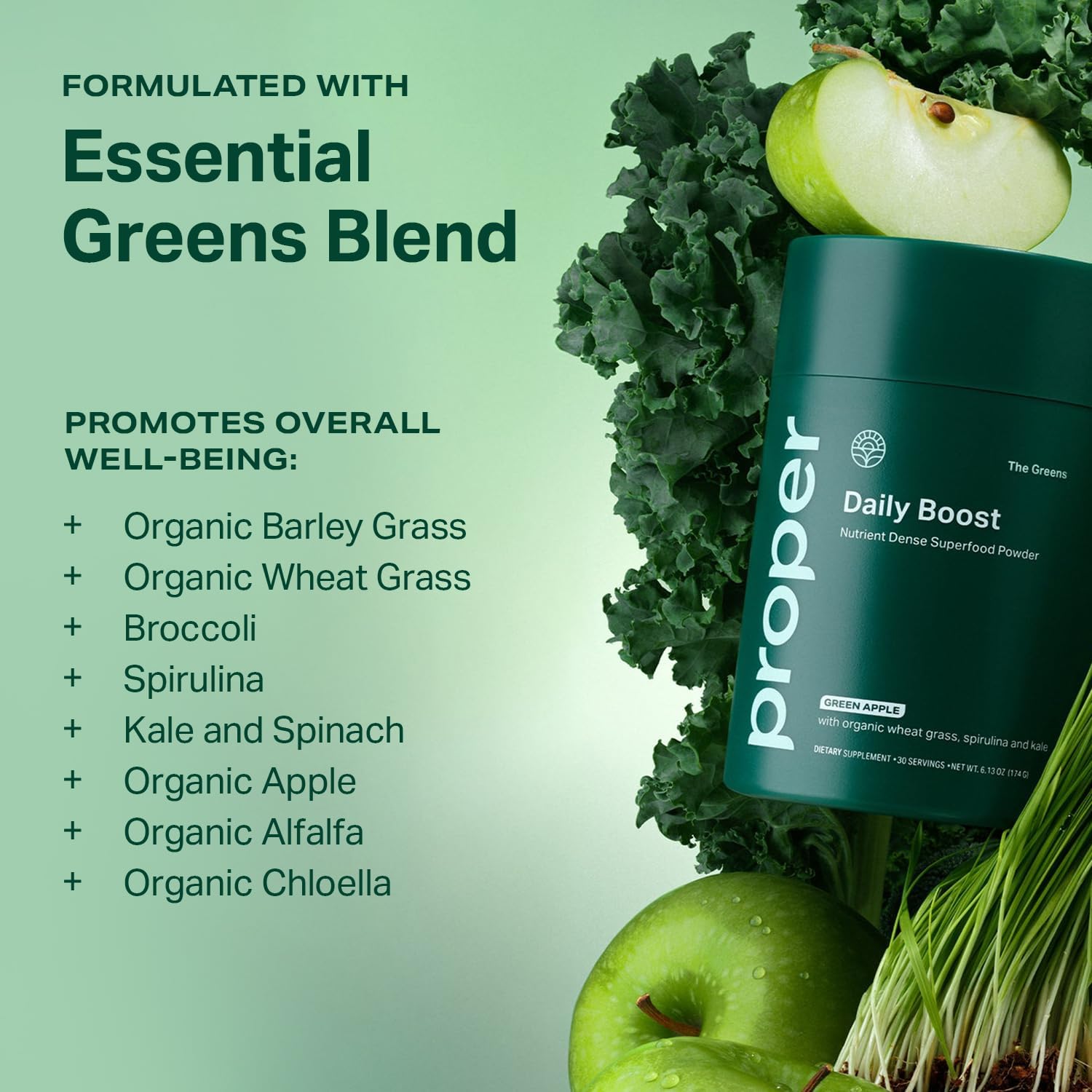 Proper, The Greens Daily Boost Organic Greens Powder. Whole Food, Apple Flavor Veggie Powder Superfood with Wheatgrass, Spirulina, Chlorella, Probiotics. Daily Drink Mix for Wellness and Digestion - Image 5