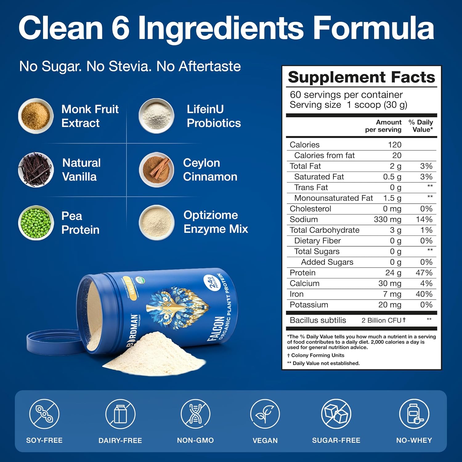 BIRDMAN Falcon Vegan Protein Powder Organic, Stevia & Sugar Free, Plant Based Protein, Low Carb, Dairy Free, Keto, Non Whey Protein, Probiotic, Pea Protein | Vanilla Flavor - 60 Servings - 3.9 lb - Image 4