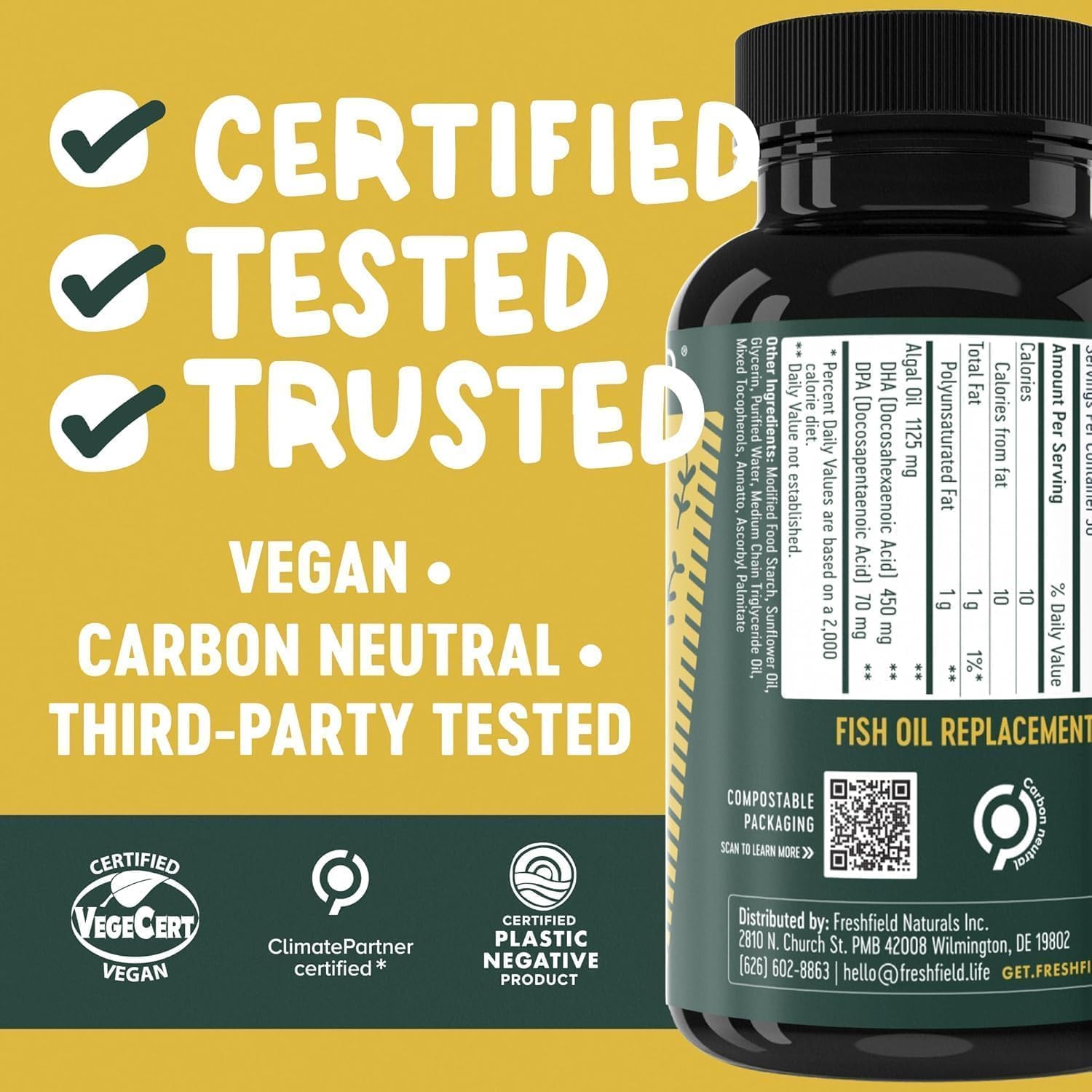 Freshfield Vegan Omega 3, Algae (Algal) Oil, Fish Oil Free Company, Third Party Tested, Carrageenan Free, DHA Supplement w/DPA, Plant Based Omega. Supports Heart, Brain, Joint Health - Image 4