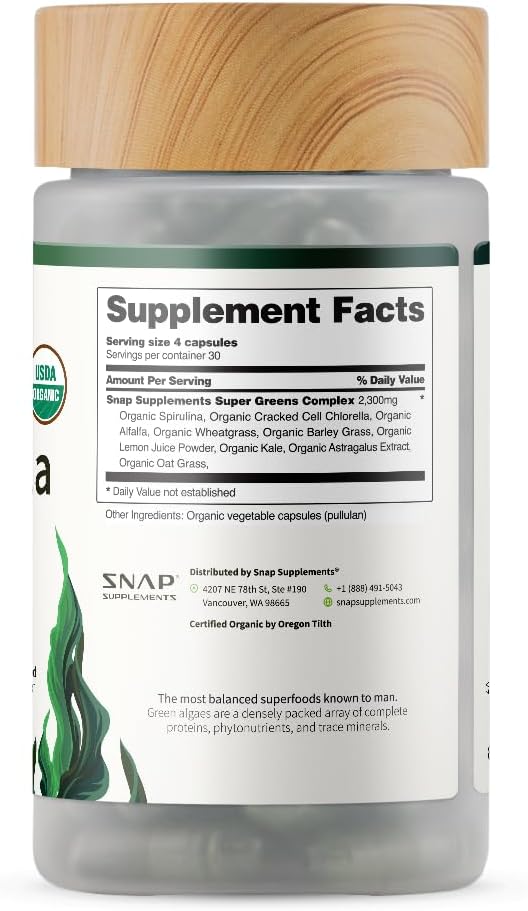 Snap Supplements Organic Spirulina and Chlorella - Protein Rich Blue Green Algae Superfood Supplement for Energy and Immune Support, 120 Vegetarian Capsules (30 Servings, 1 Month Supply) - Image 9