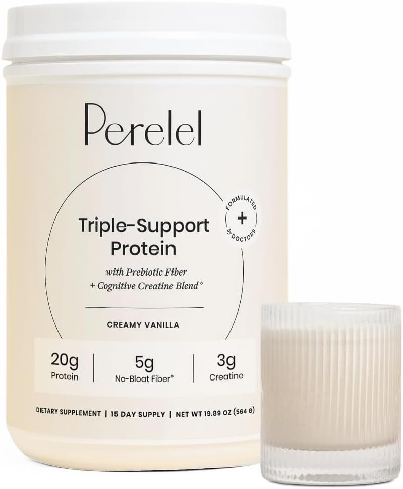 Perelel Triple-Support Plant Based Protein Powder, Creamy Vanilla, 20g Vegan Protein Powder, 3g Creatine Monohydrate, & 5g Prebiotic Fiber per Serving, Dairy Free, No Sugar Added, 15 Day Supply