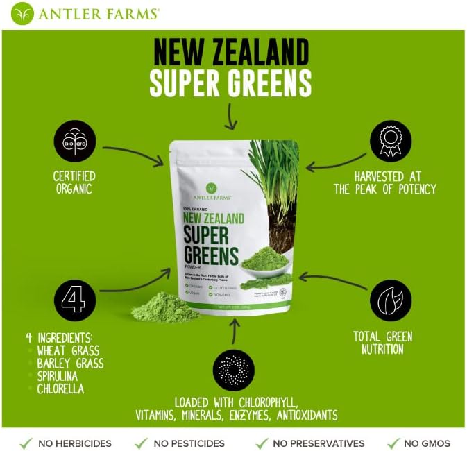 Antler Farms - 100% Pure Organic New Zealand Super Greens Powder, 40 Servings, 200g - Wheat Grass, Barley Grass, Chlorella, Spirulina - Vegan, Gluten Free, Chlorophyll Rich, for Energy and Detox - Image 5