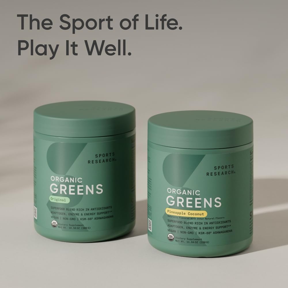Sports Research® Organic Greens Superfood Powder w/Spirulina, Chlorella, Adaptogens, Enzymes, Probiotics & 8 VIT Bs for Gut & Mood Support* - Vegan, Sugar-Free & Low-Cal Pineapple Coconut 30 Servings - Image 6