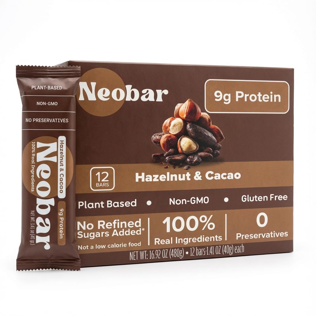 NEOBAR 9g Plant-Based Protein Fruit and Nut Bars - Vegan Snack Bars, Gluten Free Dairy Free Snacks, No Preservatives, No Refined Sugars Added, Non-GMO | Hazelnut & Cacao, 12 Count