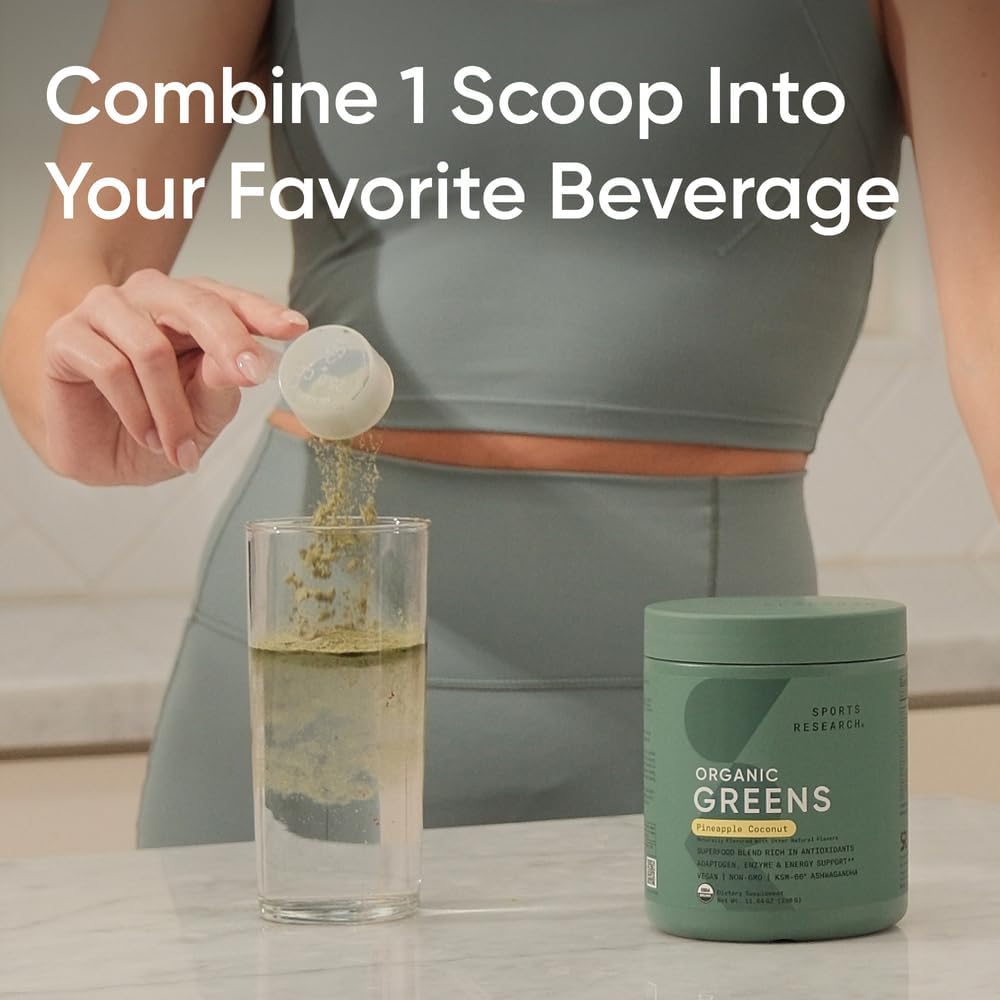 Sports Research® Organic Greens Superfood Powder w/Spirulina, Chlorella, Adaptogens, Enzymes, Probiotics & 8 VIT Bs for Gut & Mood Support* - Vegan, Sugar-Free & Low-Cal Pineapple Coconut 30 Servings - Image 3