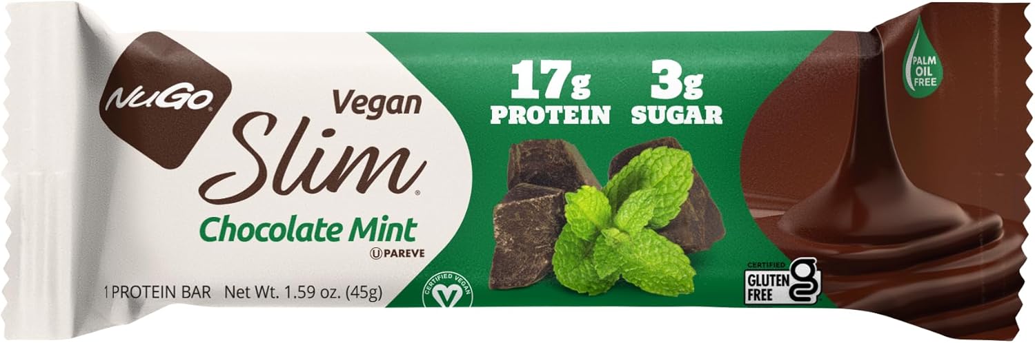 NuGo Slim Chocolate Mint, 17g Protein Bar, Vegan, Gluten Free, Non-GMO, Kosher, Keto Friendly, Low Carb, 1.59oz Bar