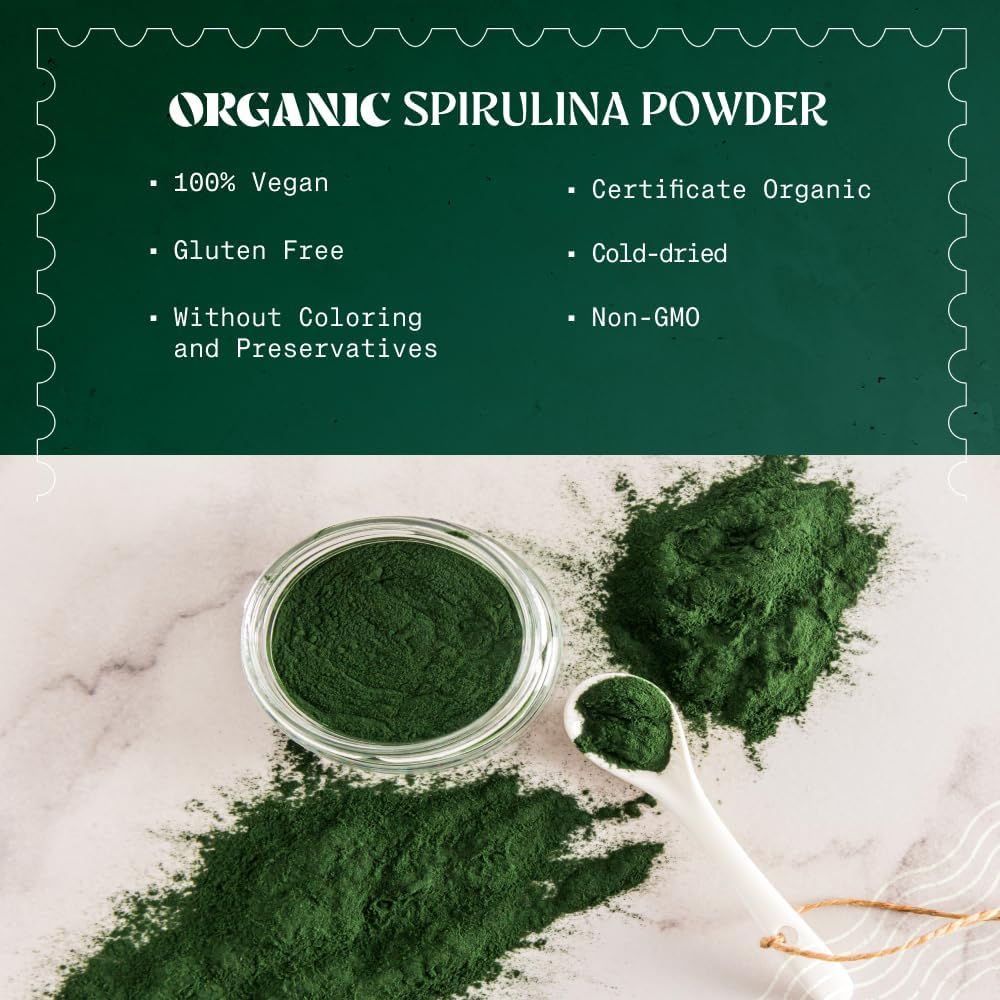 NaturaleBio Spirulina Powder Organic 8 oz. Natural and Raw Spirulina Algae Powder. Vegan and Pure. Cultivated in India in Tamil Nadu. Ideal for Drinks, Smoothies and Recipes. - Image 2