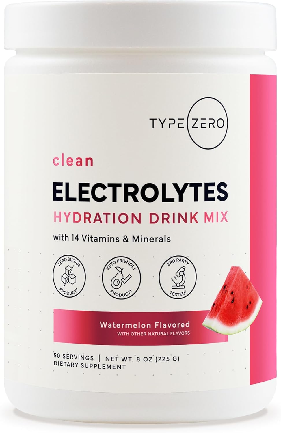 Type Zero Clean Electrolytes Hydration Powder Drink Mix + 14 Essential Vitamins & Minerals - Sugar Free, Zero Artificial Ingredients - Watermelon Flavor, 50 Servings