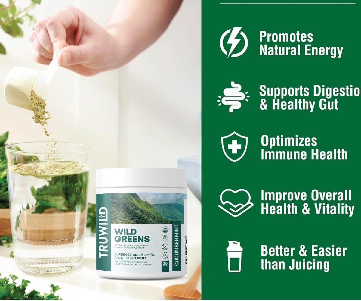 TruWild Greens Superfood Cucumber Powder, with 22+ Greens & Anti-Oxidants, Delicious Green Juice Powder, Natural Immune, Stress, Digestion Support, 30 Servings Per Tub (Cucumber Mint) - Image 6