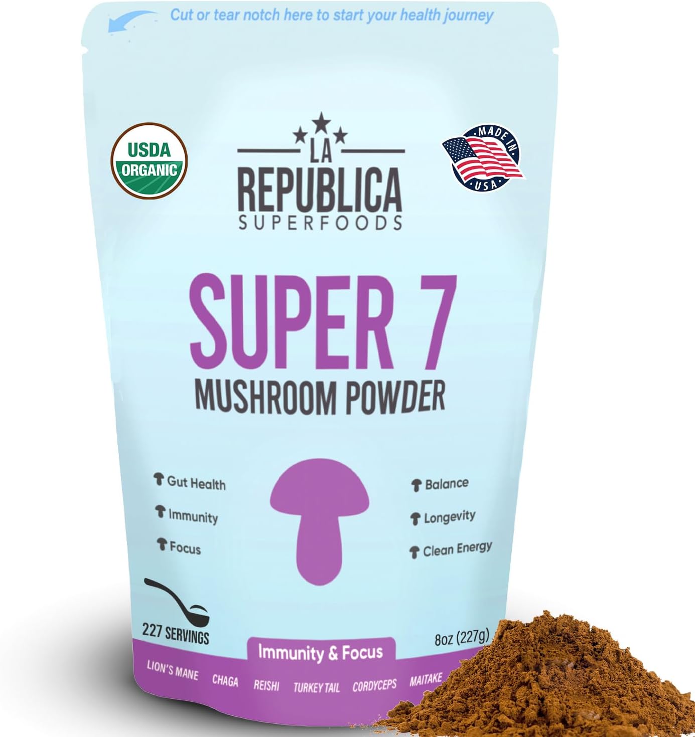 La Republica Superfood Super 7 Mushroom Extract Powder 8oz, Includes Lion's Mane, Reishi, Chaga, Cordyceps, Shitake, Maitake and Turkey Tail