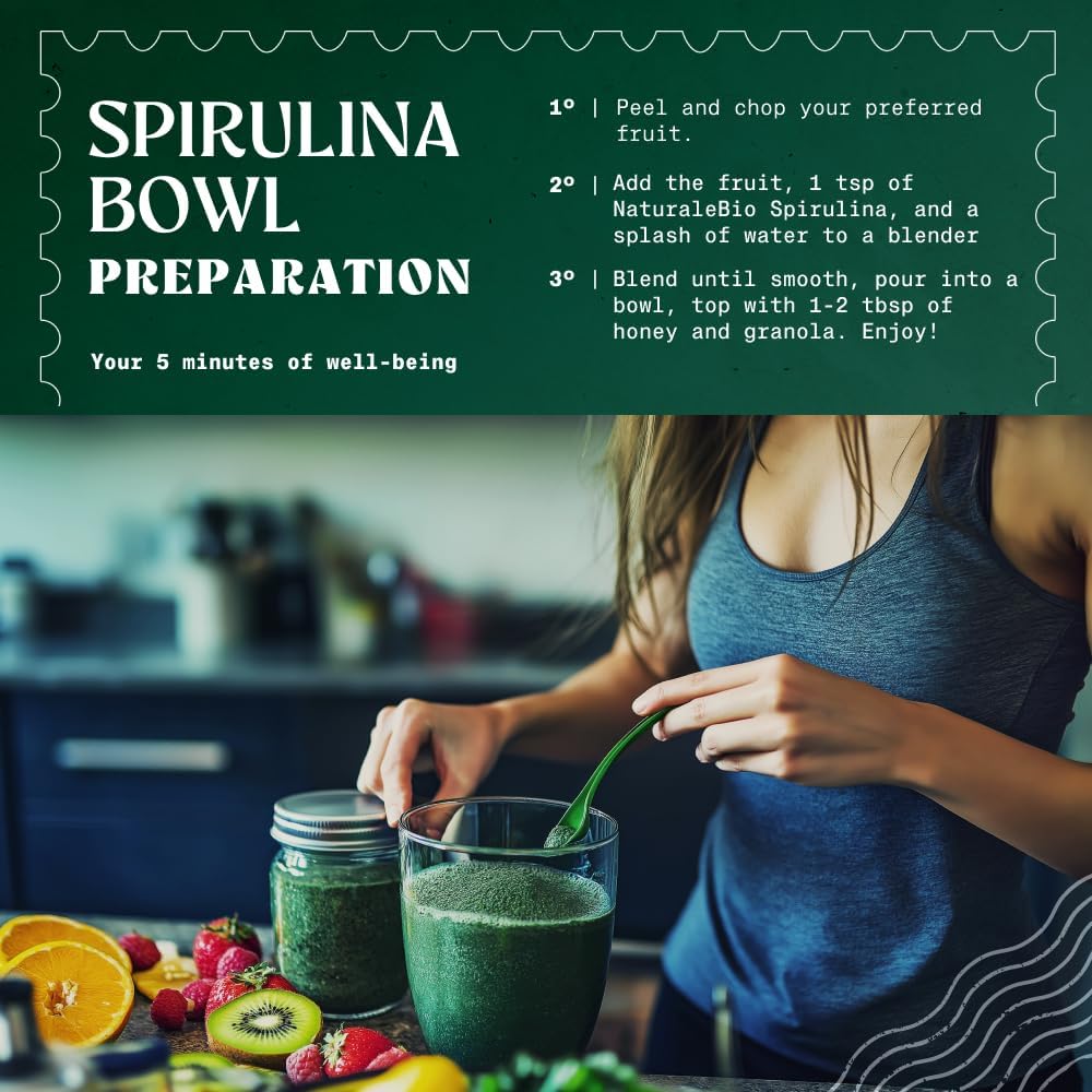 NaturaleBio Spirulina Powder Organic 8 oz. Natural and Raw Spirulina Algae Powder. Vegan and Pure. Cultivated in India in Tamil Nadu. Ideal for Drinks, Smoothies and Recipes. - Image 4