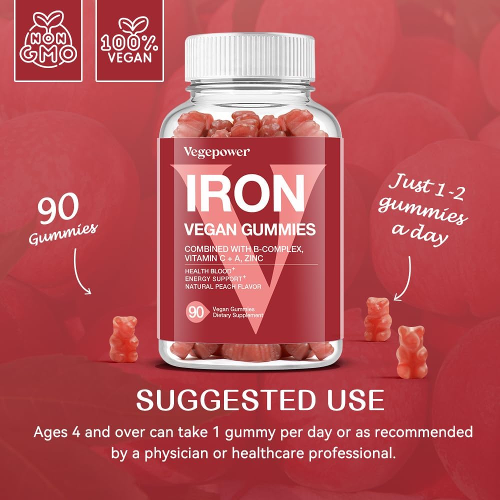 Vegan Iron Gummies Supplement - with Vitamin C, A, B-Complex, Folate, Zinc for Adults & Kids - Health Blood & Energy Support for Iron Deficiency, Anemia, No After Taste - Peach Flavor (90 Ct) - Image 5