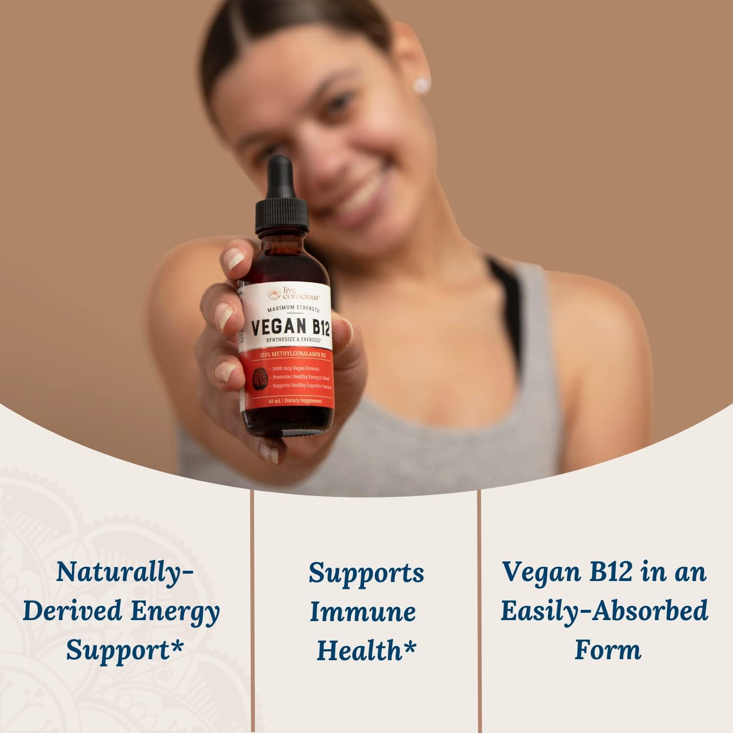 Live Conscious Vegan Vitamin B12 Sublingual Liquid Drops | Methylcobalamin Max Strength B12 5000mcg Formula | Vegan B 12 Vitamin Support Energy | Promote Memory & Aid Immune System | 60 Serving - Image 2