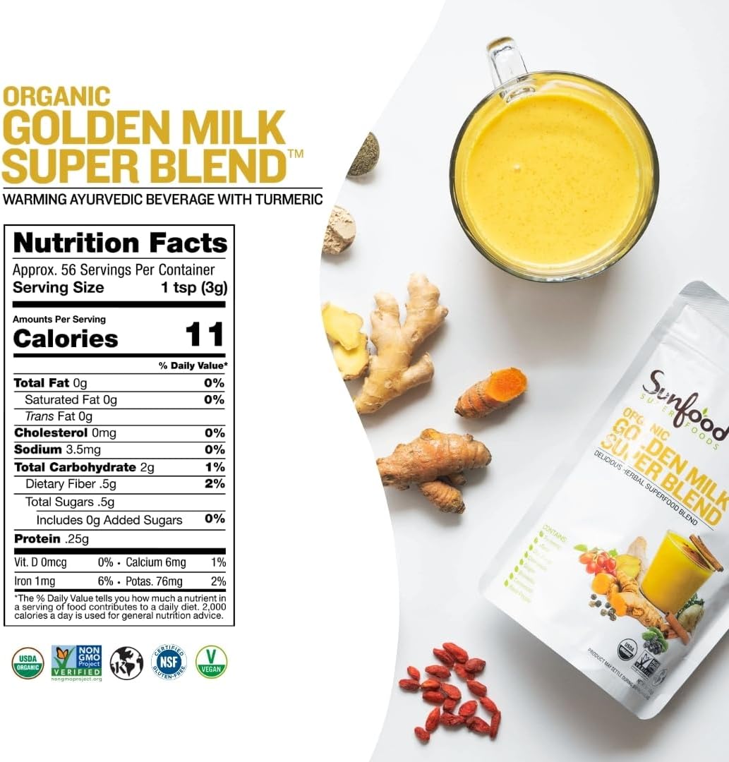 Sunfoods Golden Milk Super Blend - Superfood Golden Milk, Turmeric Powder, Superfood with Turmeric and Ginger, Black Pepper, Cinnamon & Cardamom, Turmeric Latte Powder, Vegan, USDA Organic - 6 oz - Image 4