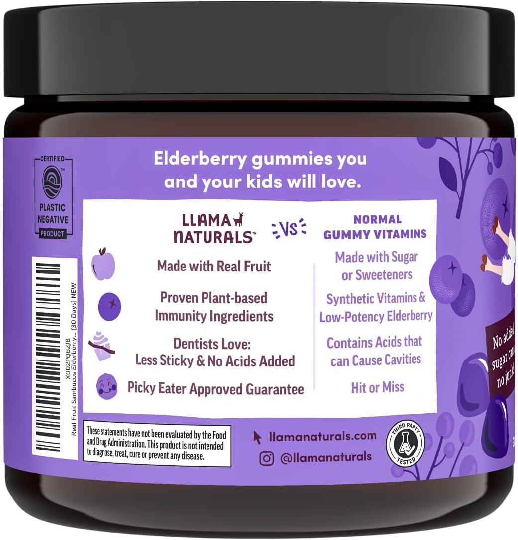 Llama Naturals Elderberry Gummies for Kids, Vegan, Organic Immune Support Supplement with Vitamin C and Zinc, Toddler Real Fruit Gummy Vitamins for Immunity, Chewable, No Added Sugar Cane, 60 Ct - Image 5