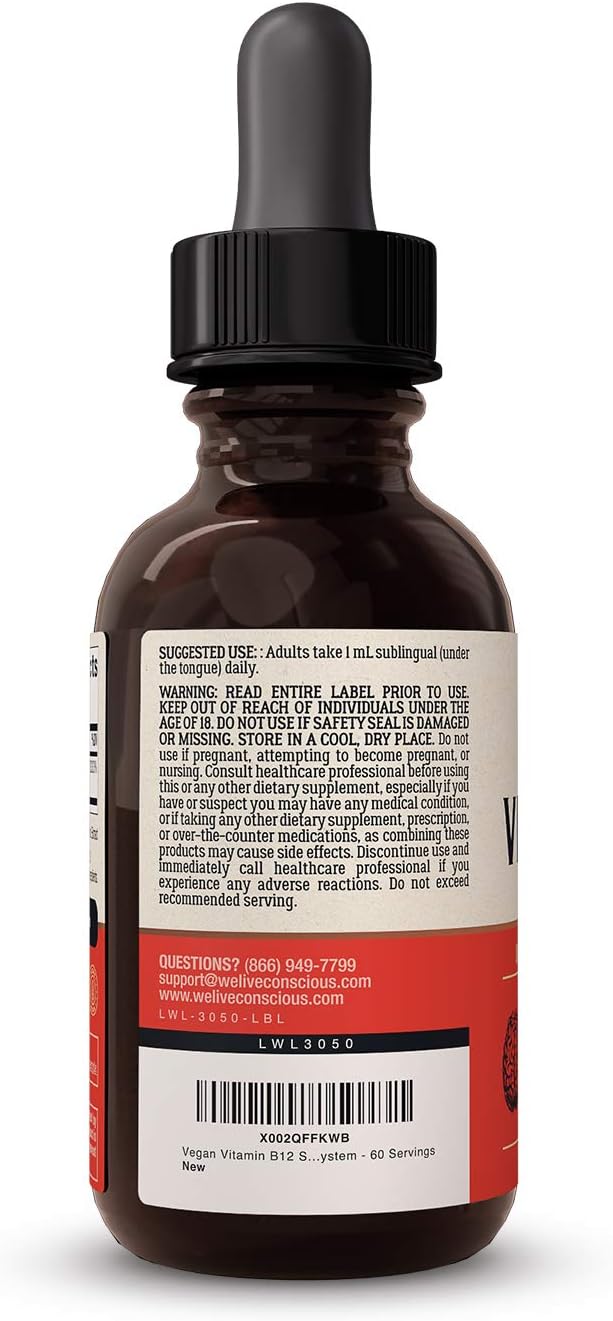 Live Conscious Vegan Vitamin B12 Sublingual Liquid Drops | Methylcobalamin Max Strength B12 5000mcg Formula | Vegan B 12 Vitamin Support Energy | Promote Memory & Aid Immune System | 60 Serving - Image 6