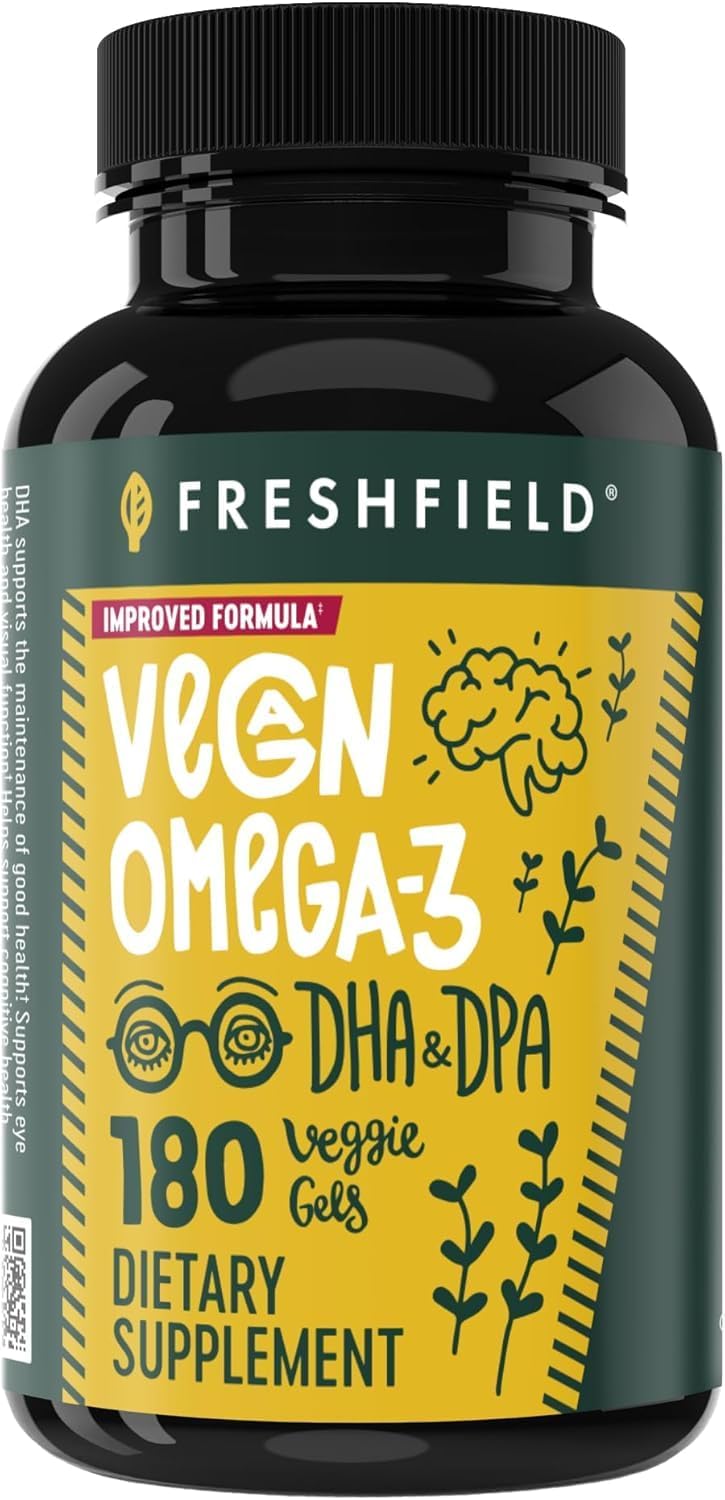 Freshfield Vegan Omega 3, Algae (Algal) Oil, Fish Oil Free Company, Third Party Tested, Carrageenan Free, DHA Supplement w/DPA, Plant Based Omega. Supports Heart, Brain, Joint Health