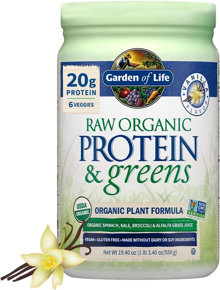 Garden of Life Raw Protein & Greens Vanilla Protein Powder – 20g Plant Based Greens Powder, Probiotics & Enzymes, Post-Workout Recovery, Vegan, Gluten-Free, Non-GMO, 20 Servings
