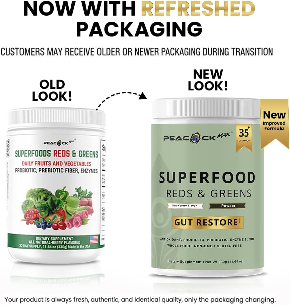 Superfood Reds & Greens Powder - 11.64 oz, Prebiotics & Probiotics for Digestive Health, Super Greens Powder with Ashwagandha for Gut Health, Immunity, Antioxidants, Strawberry Flavor, Vegan, Non-GMO - Image 3