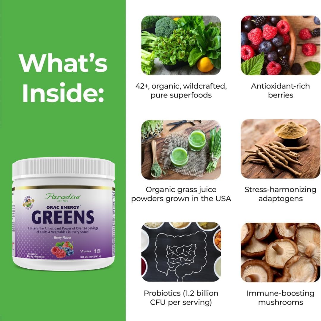 Paradise Herbs ORAC Energy Greens, Berry Superfood Powder, Over 40,000 ORAC Antioxidants, Organic Greens, Berries, Mushrooms & Probiotics, Non-GMO, Gluten-Free, 25 Servings - Image 3