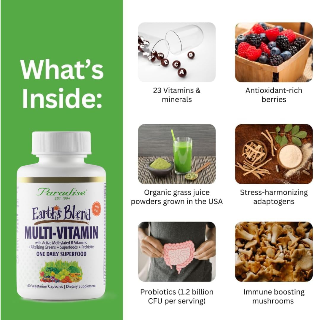 Paradise Herbs Earth's Blend Women's Once Daily Multivitamin with Iron, 48 Organic Superfoods, Probiotics, Antioxidants, Vitamins A, B12, C, D, K2, 60 Capsules - Image 2
